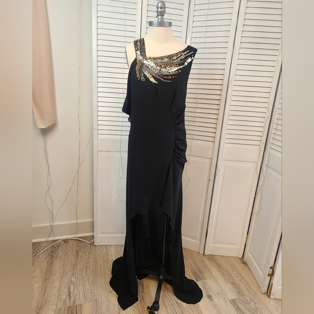 BCBGMaxAzria One-Shoulder Black Dress with Gold Accents